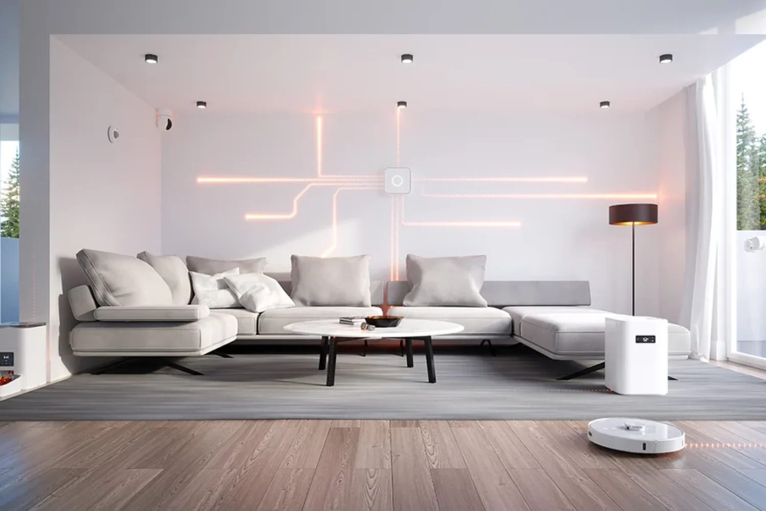 Modern bright living room with tech like lines implying smart home features