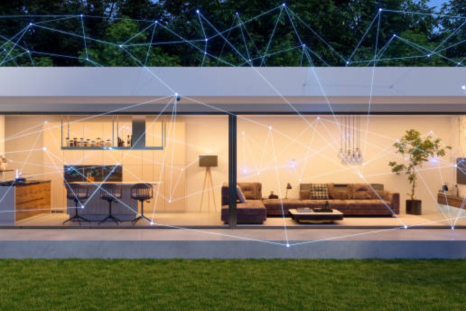 Modern Villa Exterior With Plexus. Smart Home Concept. Control With Mobile App And Technology Devices.